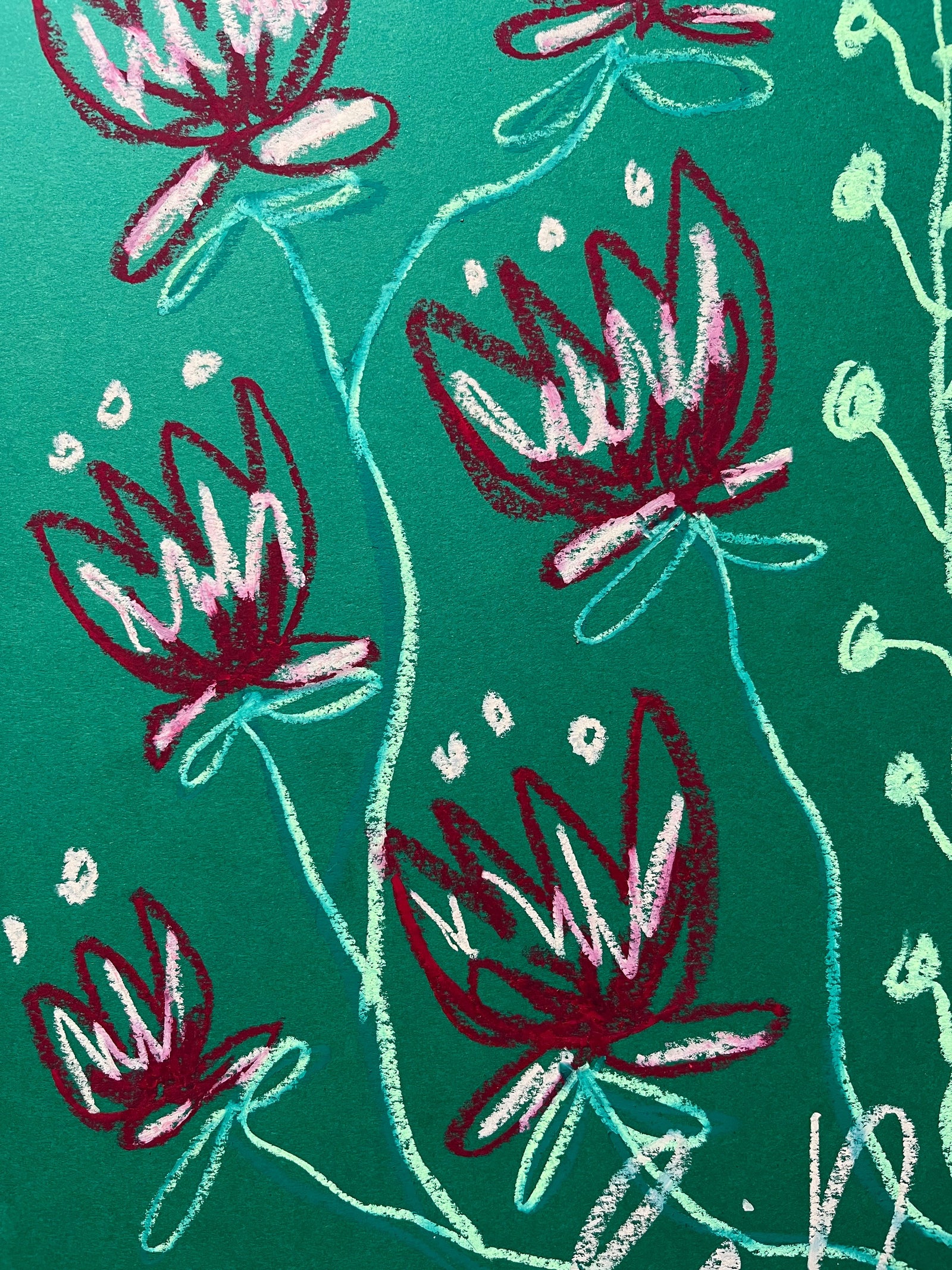 Dk Red Floral on Green Background | Original Painting A3