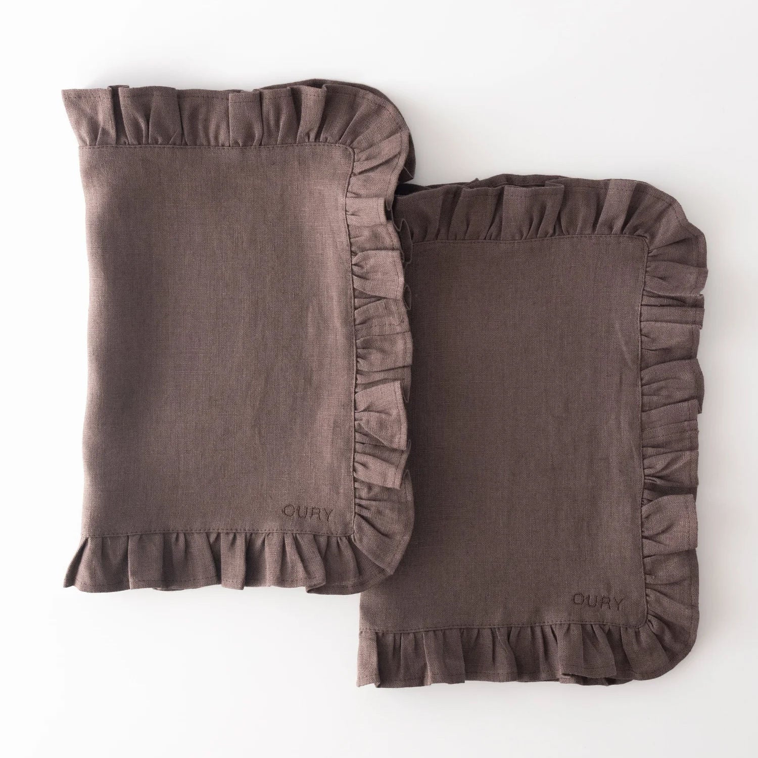 Brown Ruffled Linen Placemats with Embroidery – Set of 2