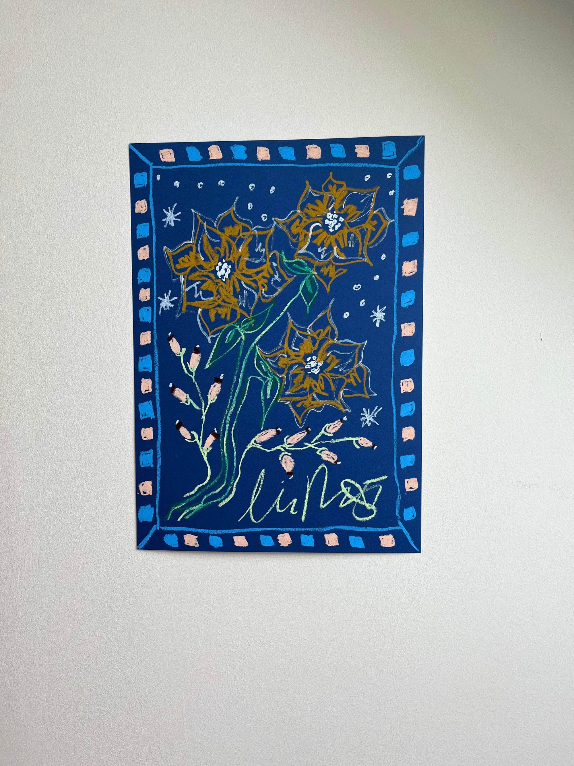 Gold Florals on Dark Blue Background I Original Painting A3