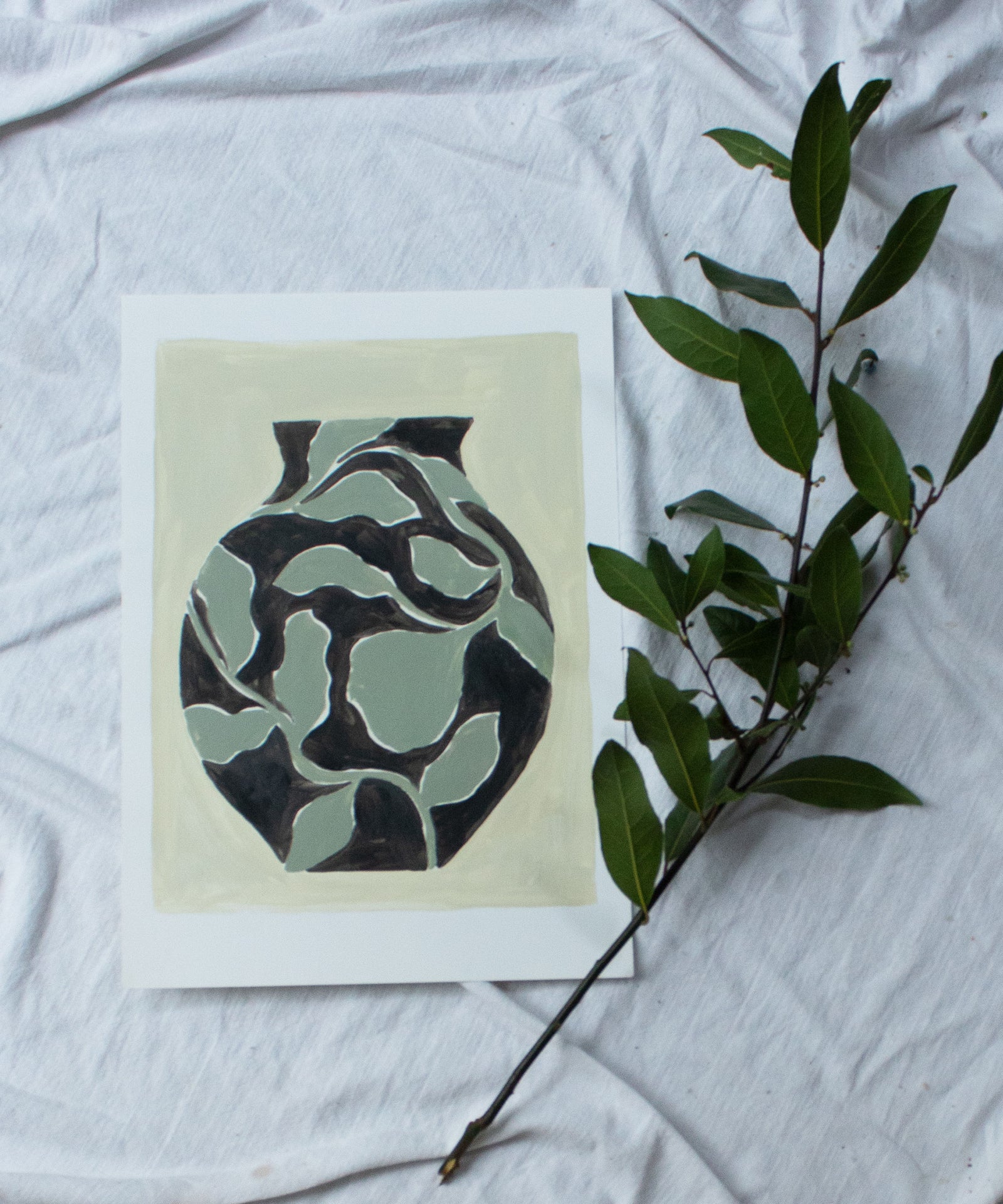 Black and Sage Patterned Vase- Original painting