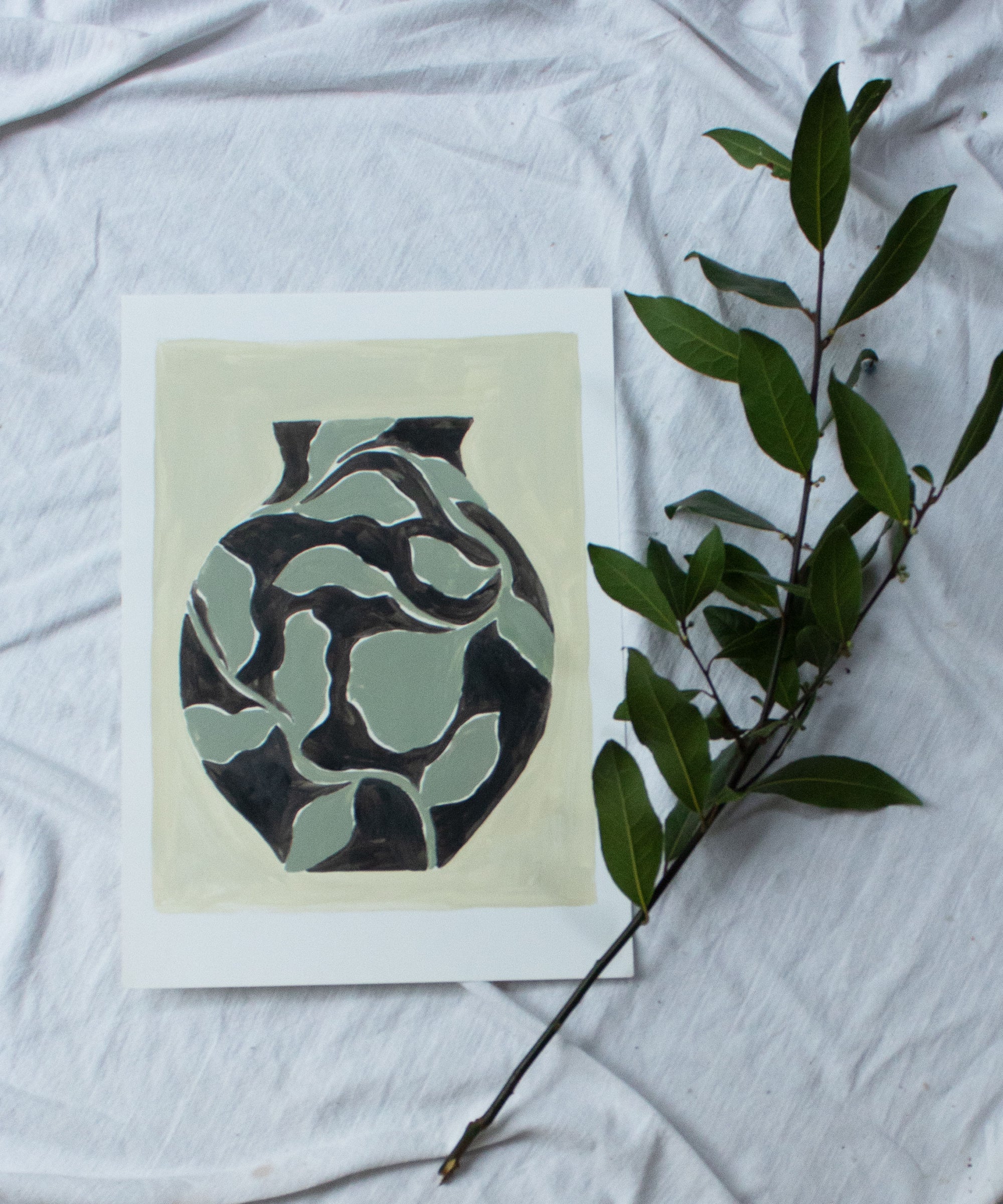 Black and Sage Patterned Vase- Original painting