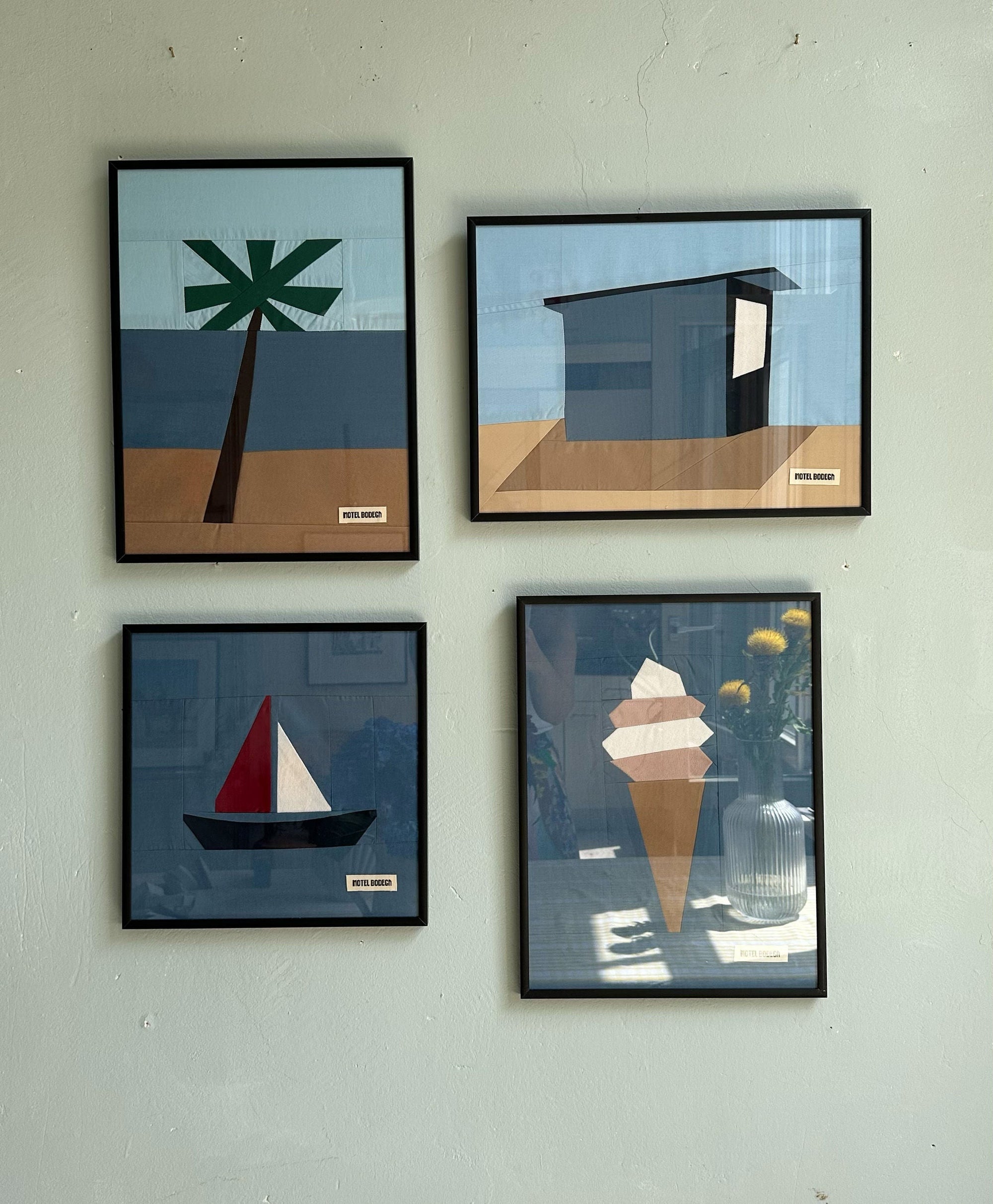Beach Hut Original Quilted Artwork in Frame