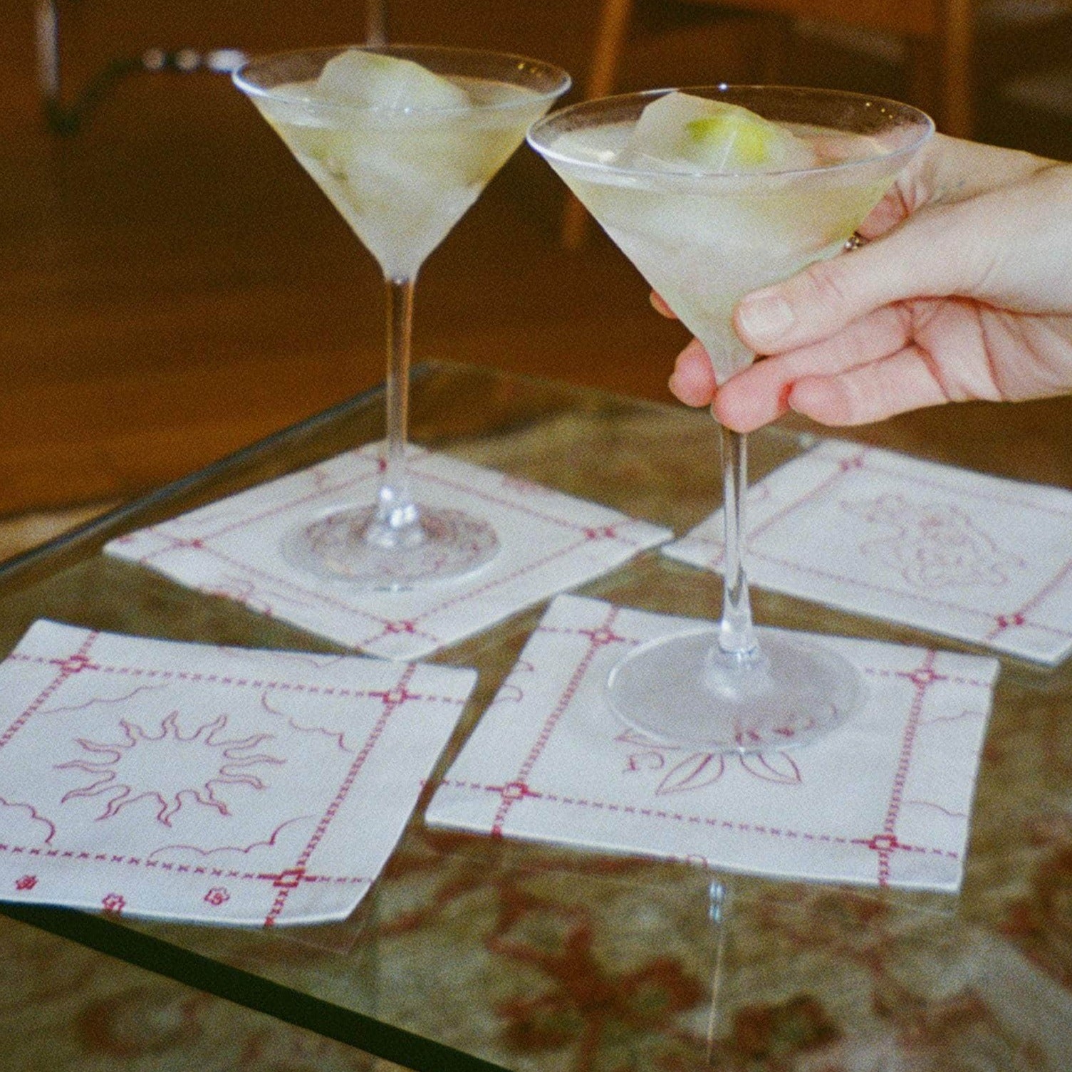 Re-Work Cocktail Napkins in Red Border Print- Set of Four