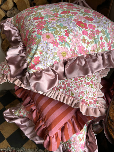 Velvet Ruffle Cushion made with Liberty Fabric 'Poppy and Daisy Pink'