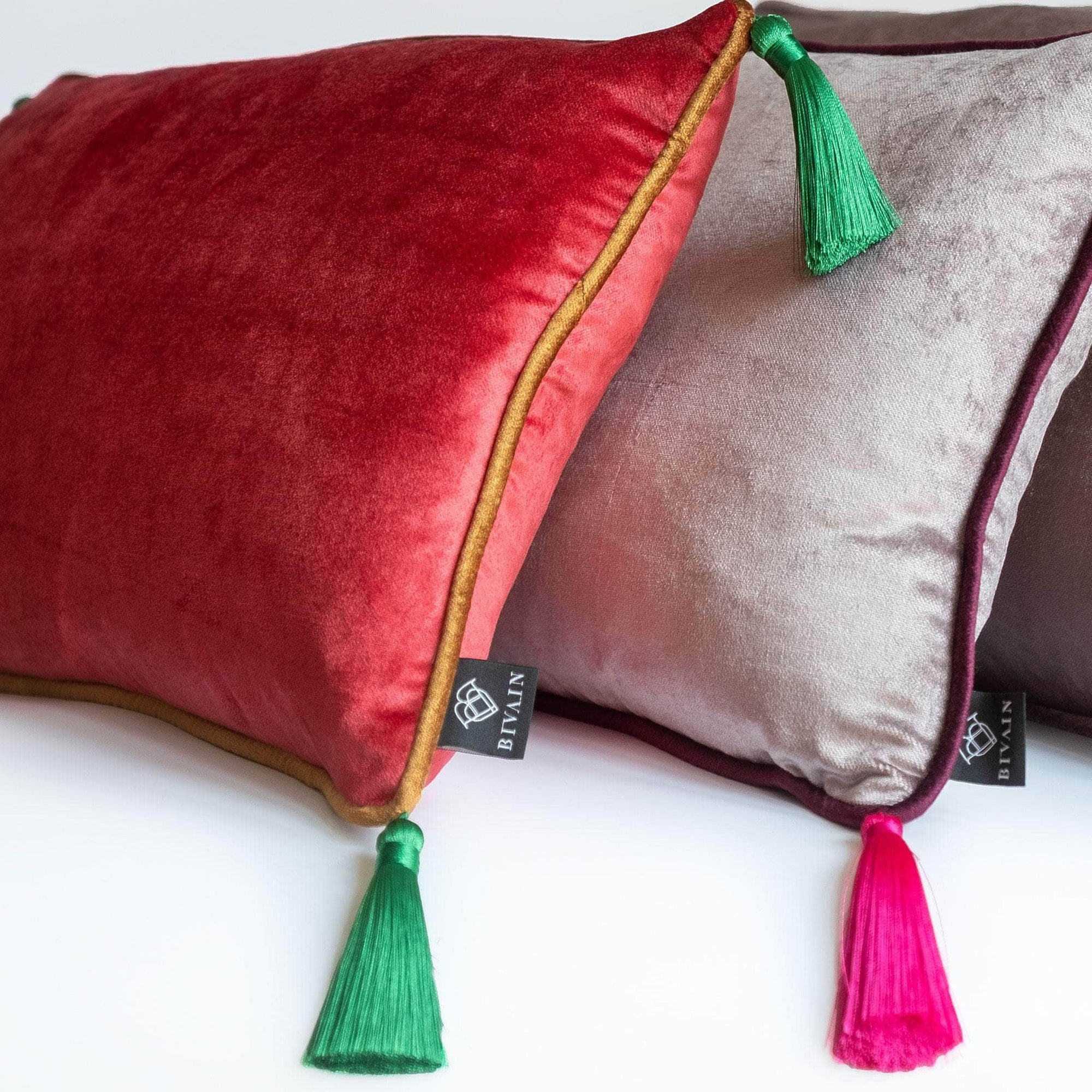 Silver Velvet Rectangular Cushion with Pink Tassels