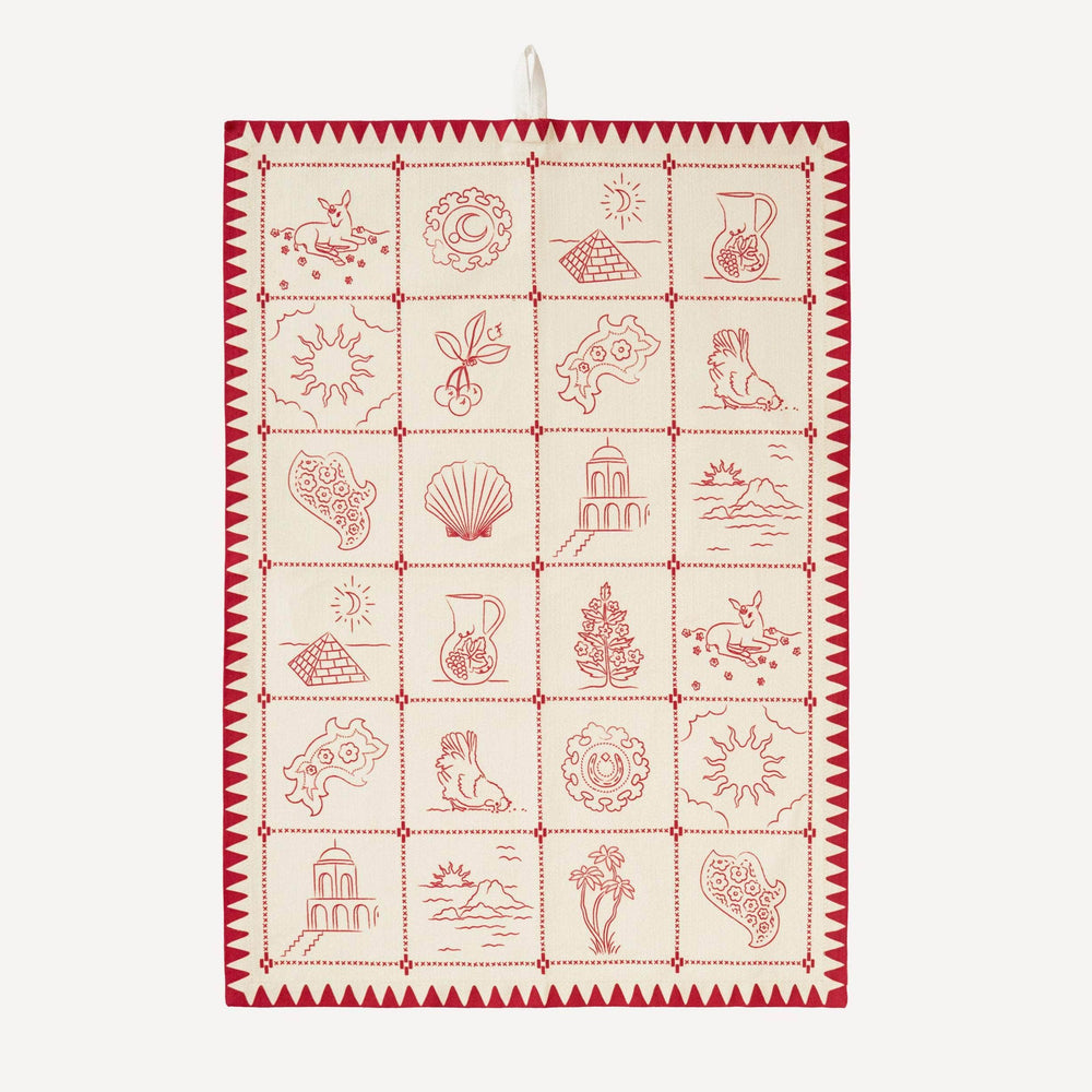 Redwork Tea Towel in Red