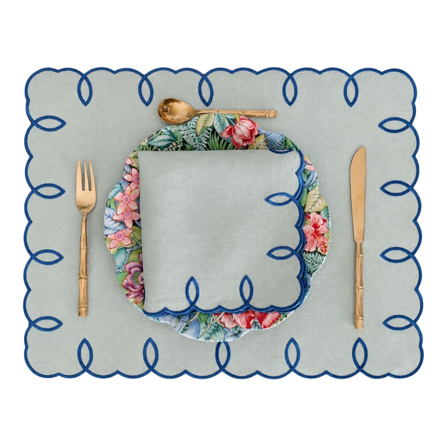 SANTORINI - Light Green and Blue Loops Linen Placemat and Napkin Set