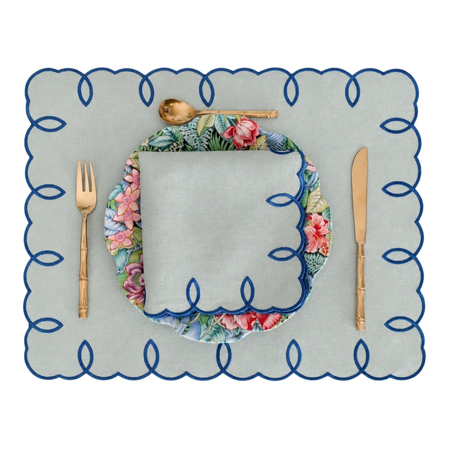 SANTORINI - Light Green and Blue Loops Linen Placemat and Napkin Set