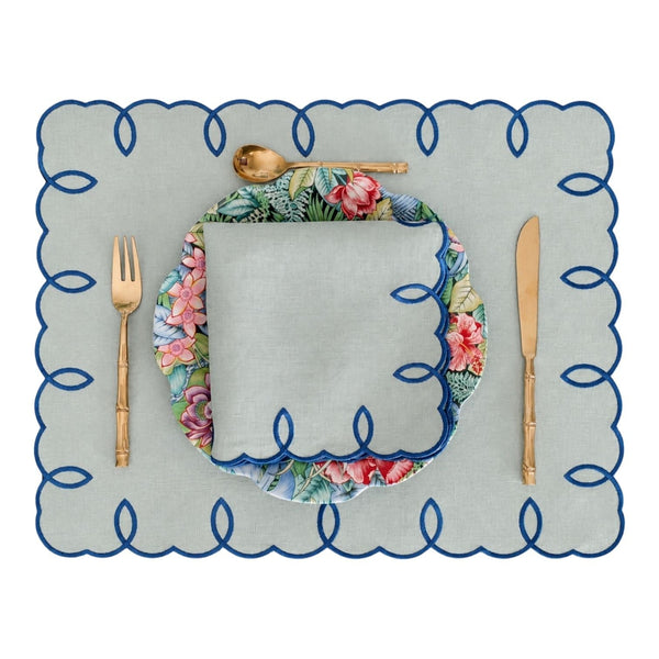 SANTORINI - Light Green and Blue Loops Linen Placemat and Napkin Set
