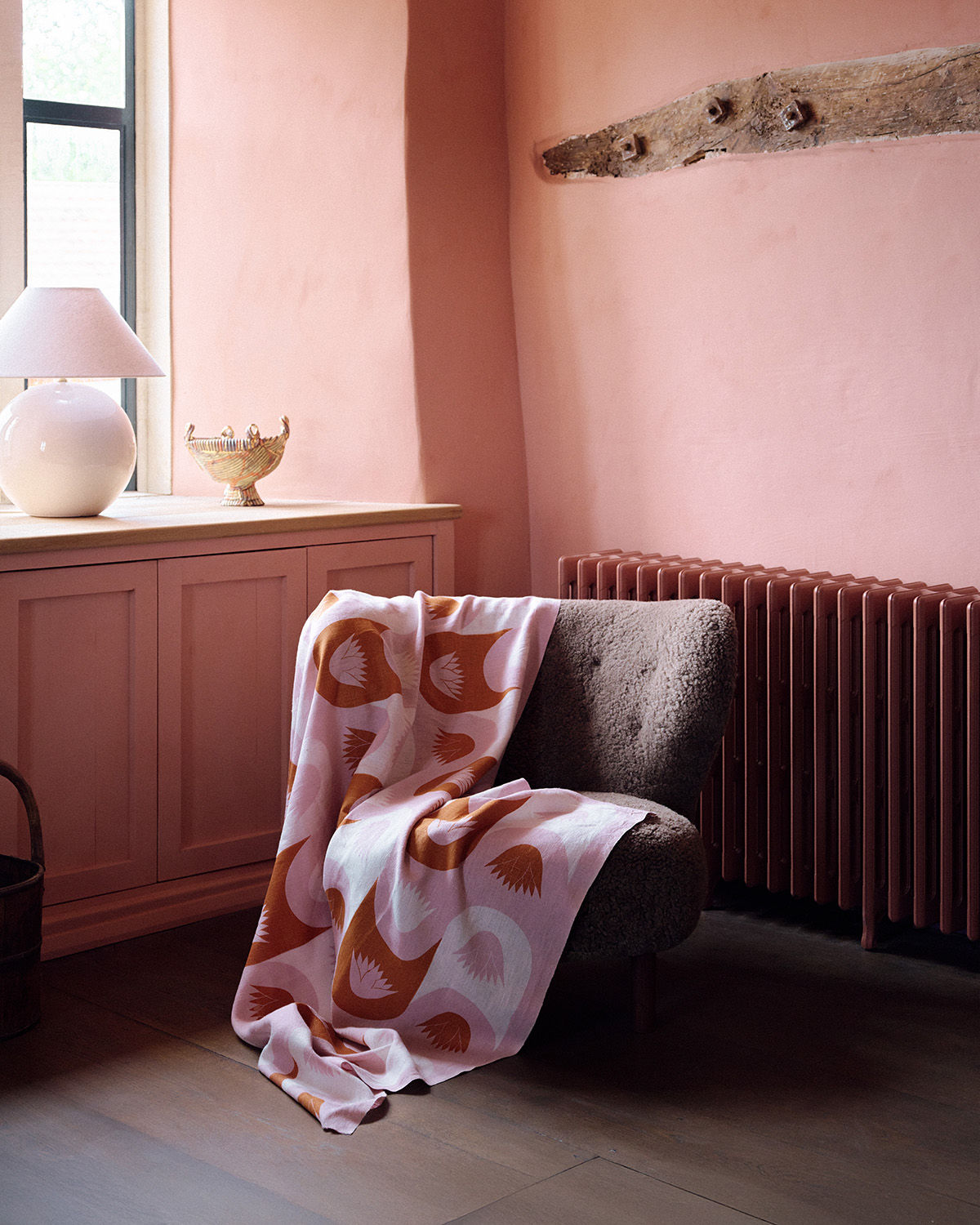 Papyrus Stripe Fabric (Orange and White on Dusty Pink)