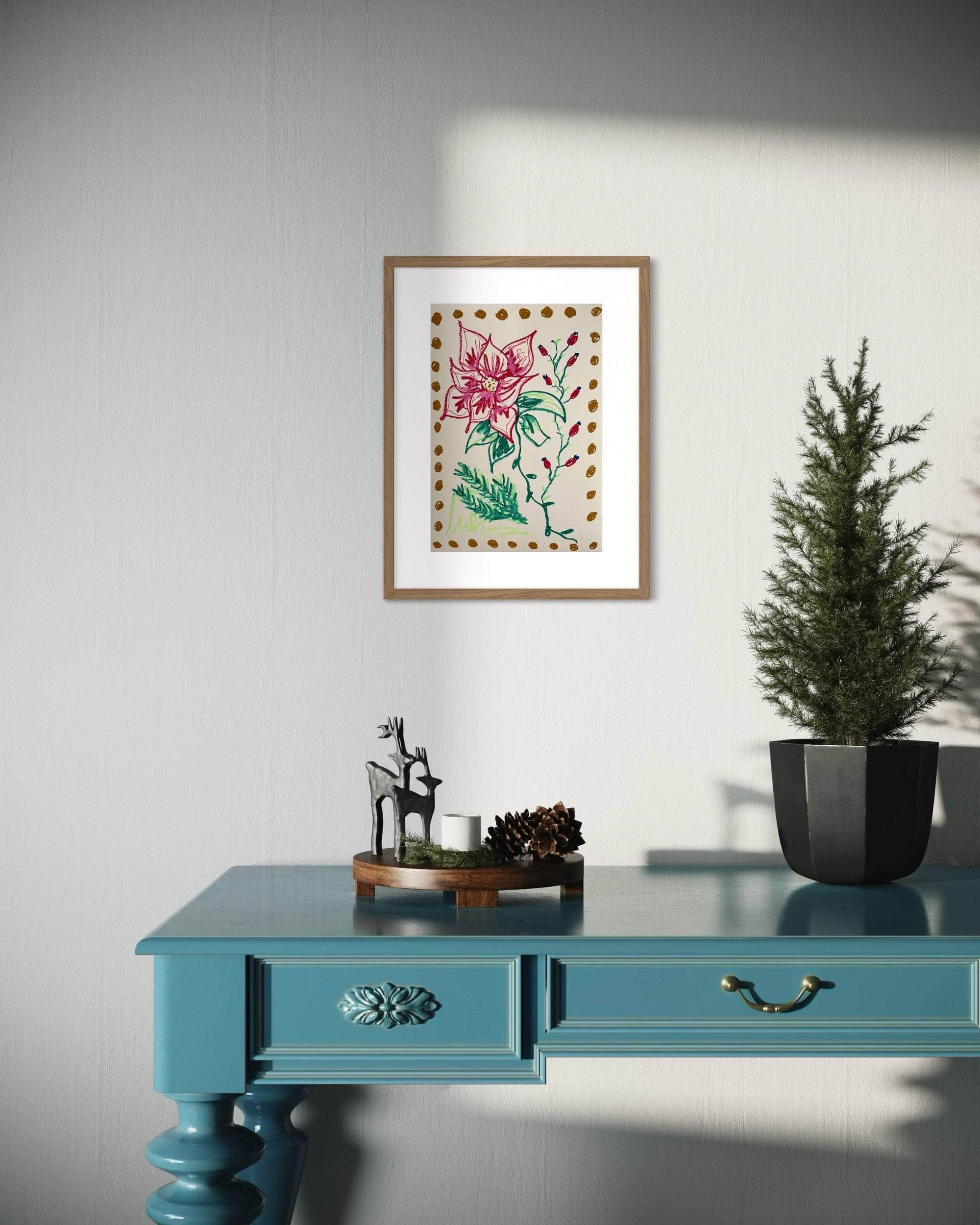 Red Floral on Natural Background I Original Painting A3