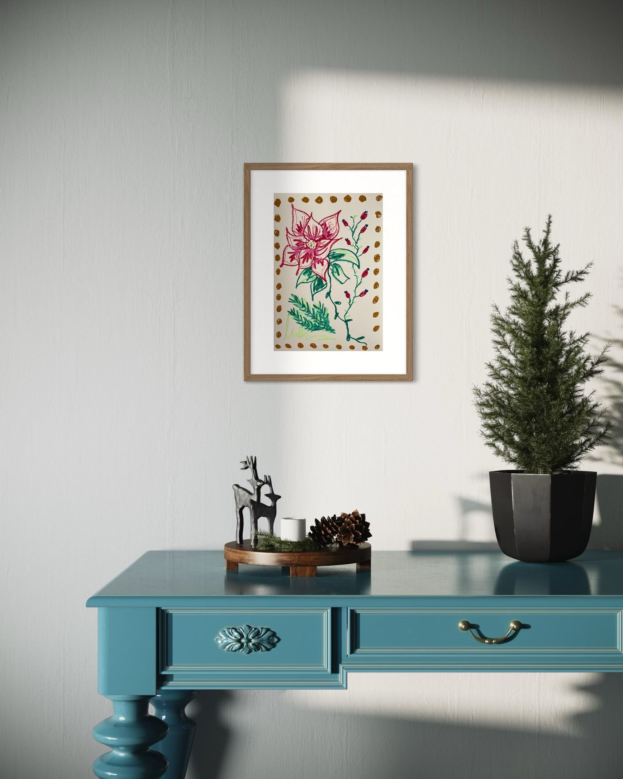 Red Floral on Natural Background I Original Painting A3