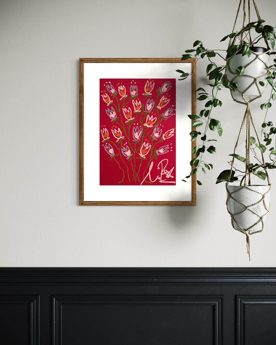 Light Pink and Blue Tulips on Red Background I Original Painting A3