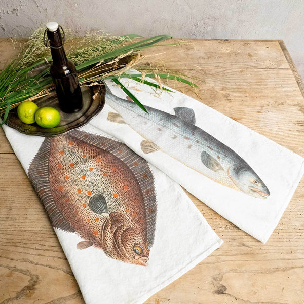 Linen Kitchen Towels SALMON & TURBOT Set of 2 Off-White