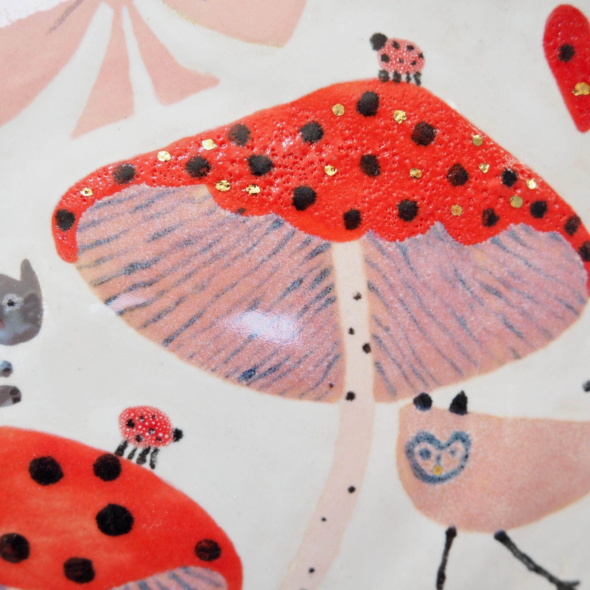 Handmade Illustrated Plate With Toadstools, Cat, Hearts, and Bows.