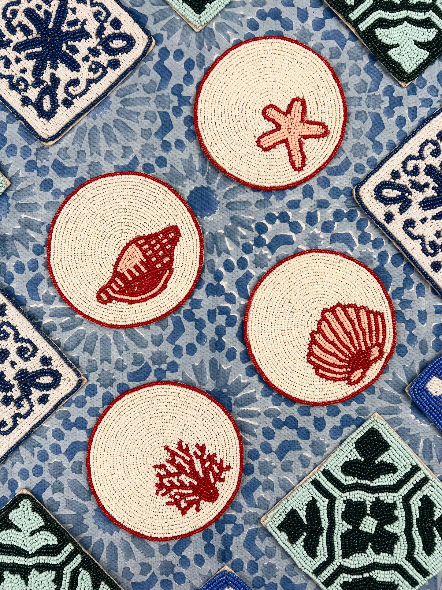 ’Coral Reef’ Round Beaded Coasters - Ivory & Coral (set of 4)