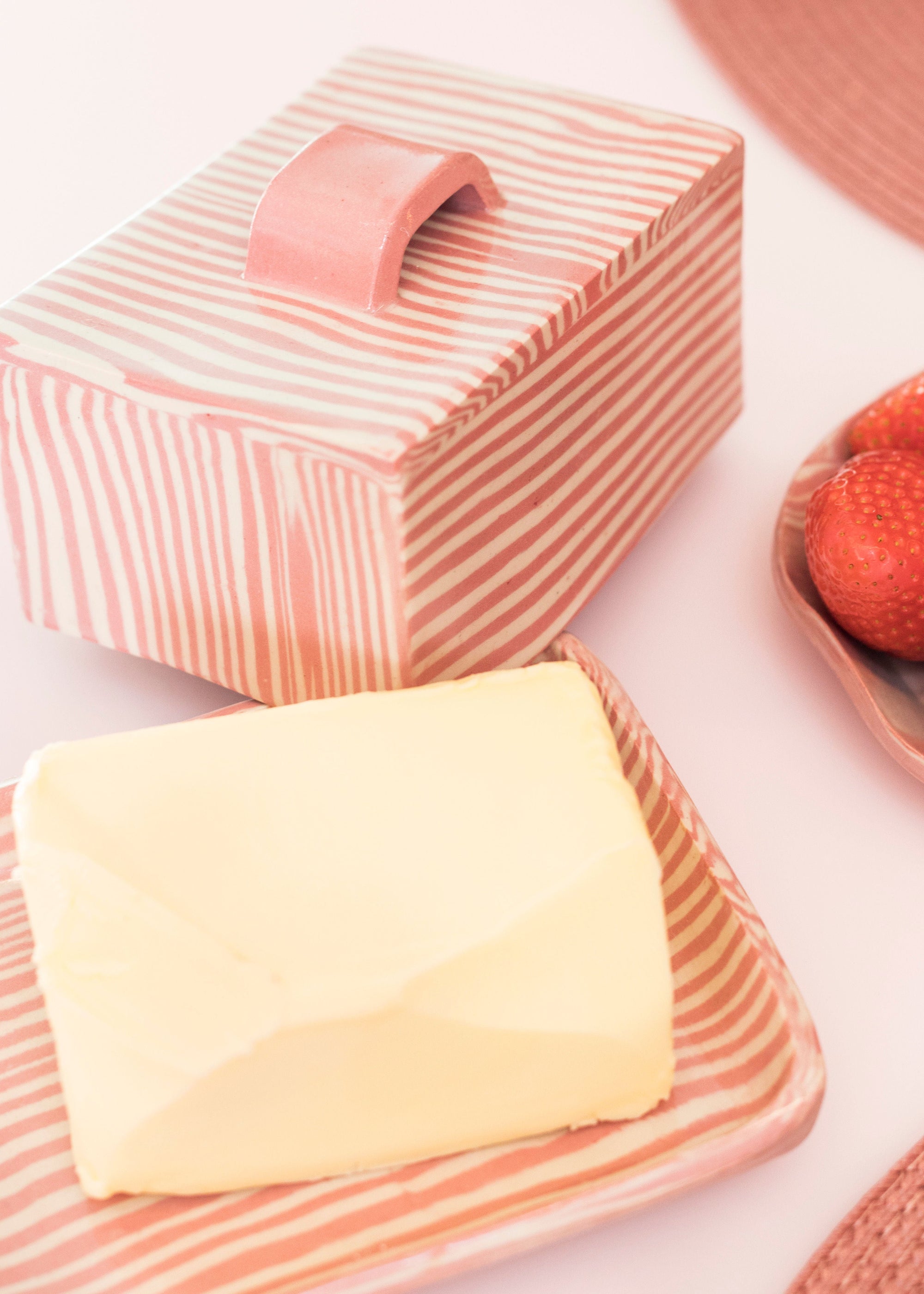 Pink Striped Butter Dish
