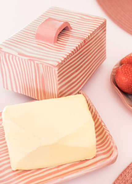 Pink Striped Butter Dish