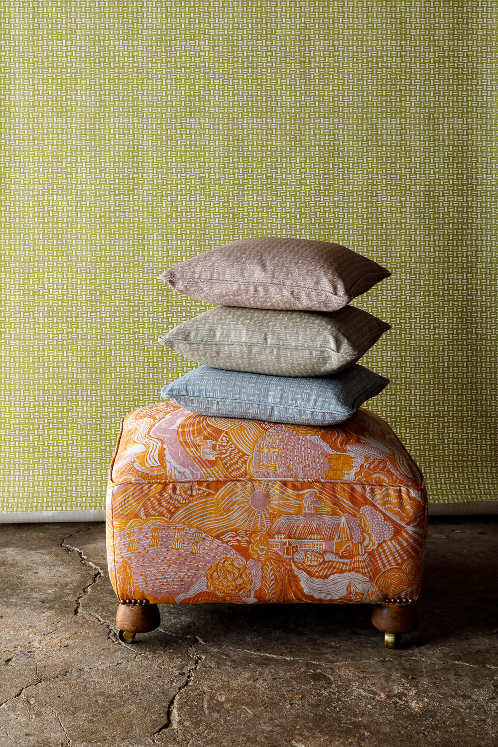 Small Piped Cushion in Basket Field Blue