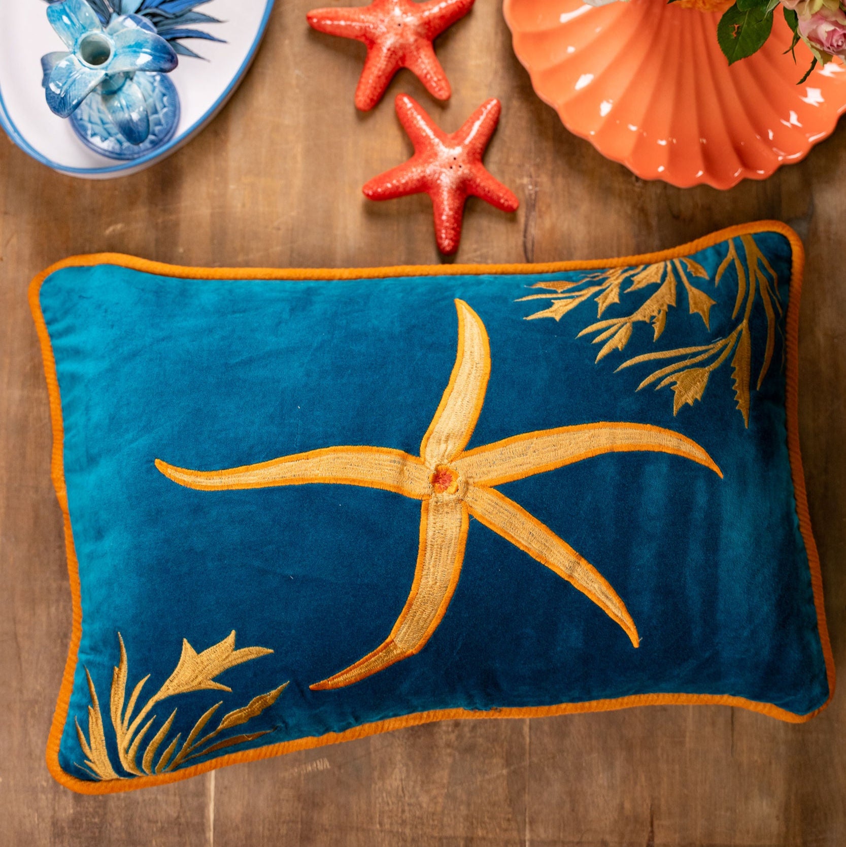 Tropical Hand-Embroidered Cotton Cushion – Crab