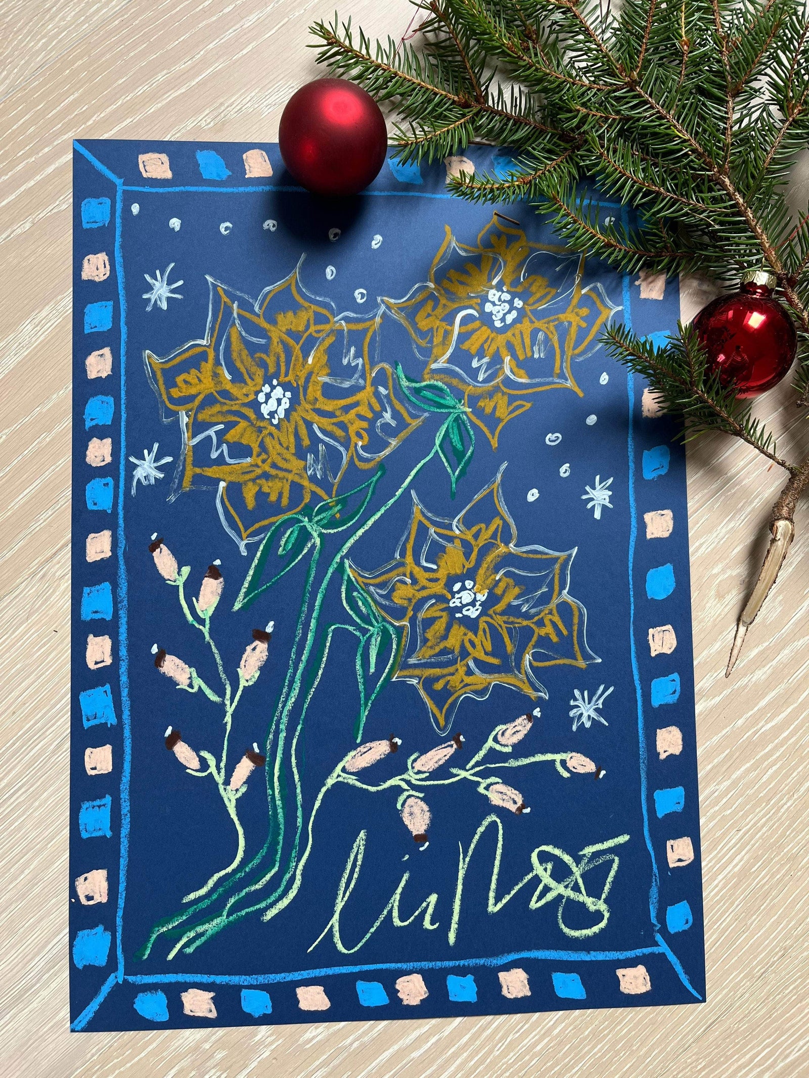 Gold Florals on Dark Blue Background I Original Painting A3