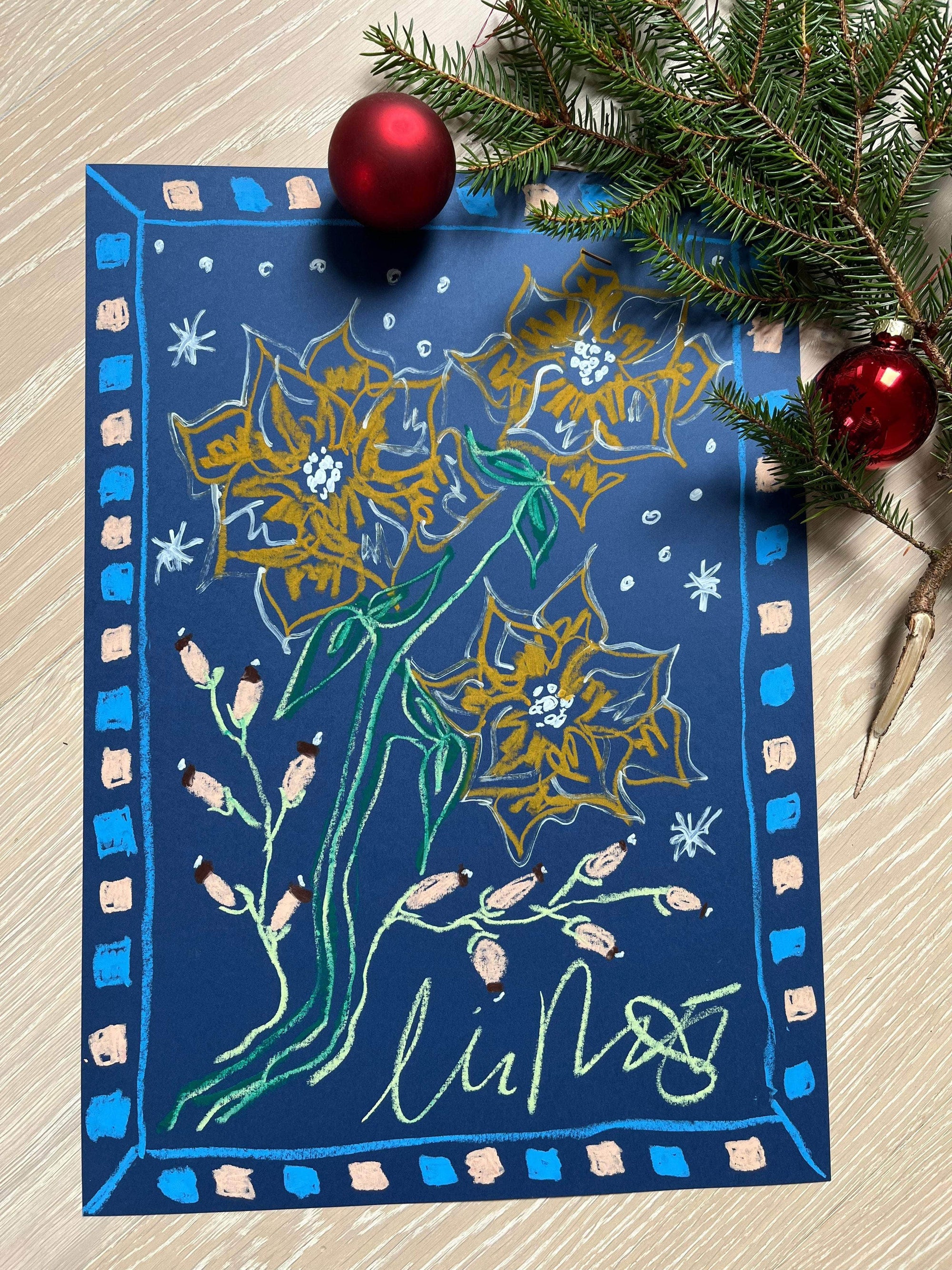 Gold Florals on Dark Blue Background I Original Painting A3