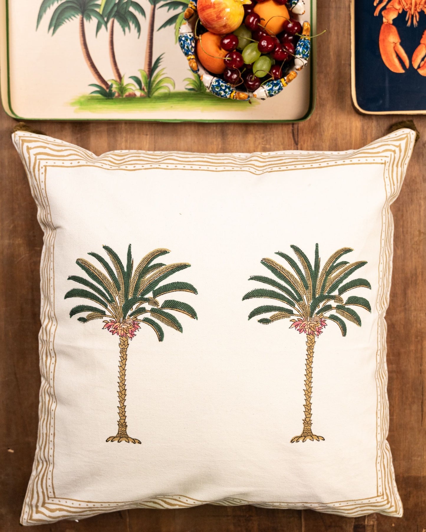 Tropical Hand Painted Cotton Cushion Green Palm
