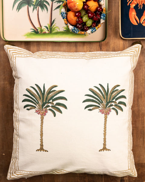 Tropical Hand Painted Cotton Cushion Green Palm