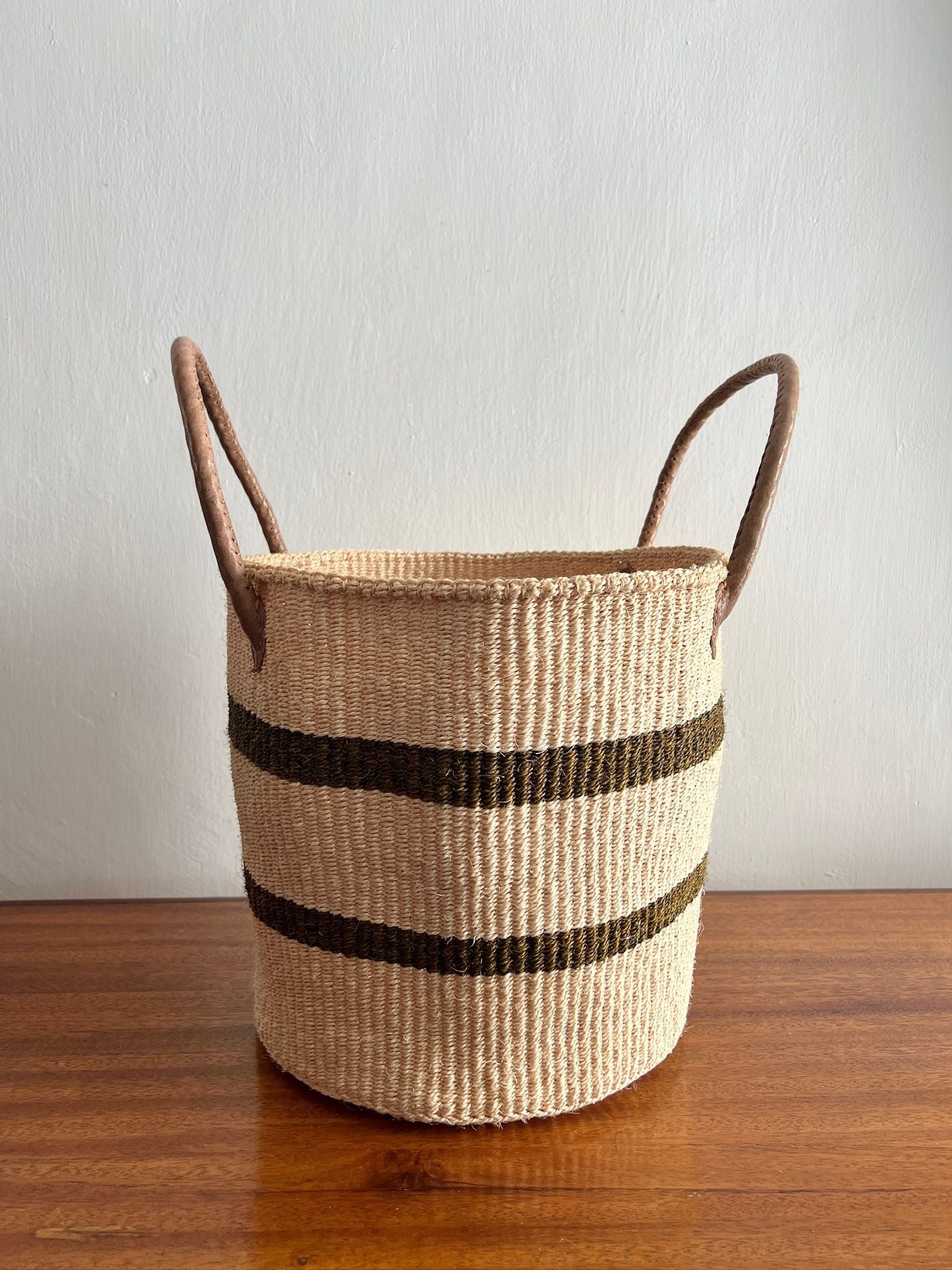 Olive Stripe Sisal Storage Basket