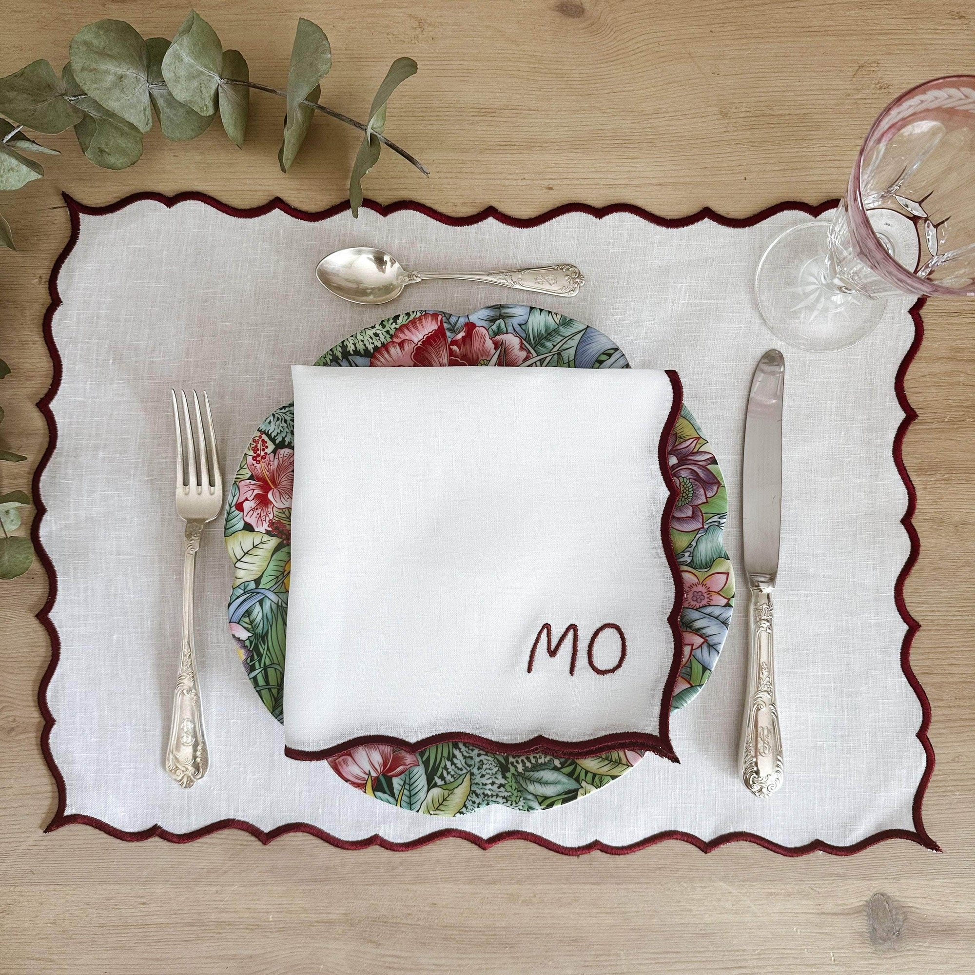 COMO - Personalised White and Bordeaux Linen Placemat and Napkin Set