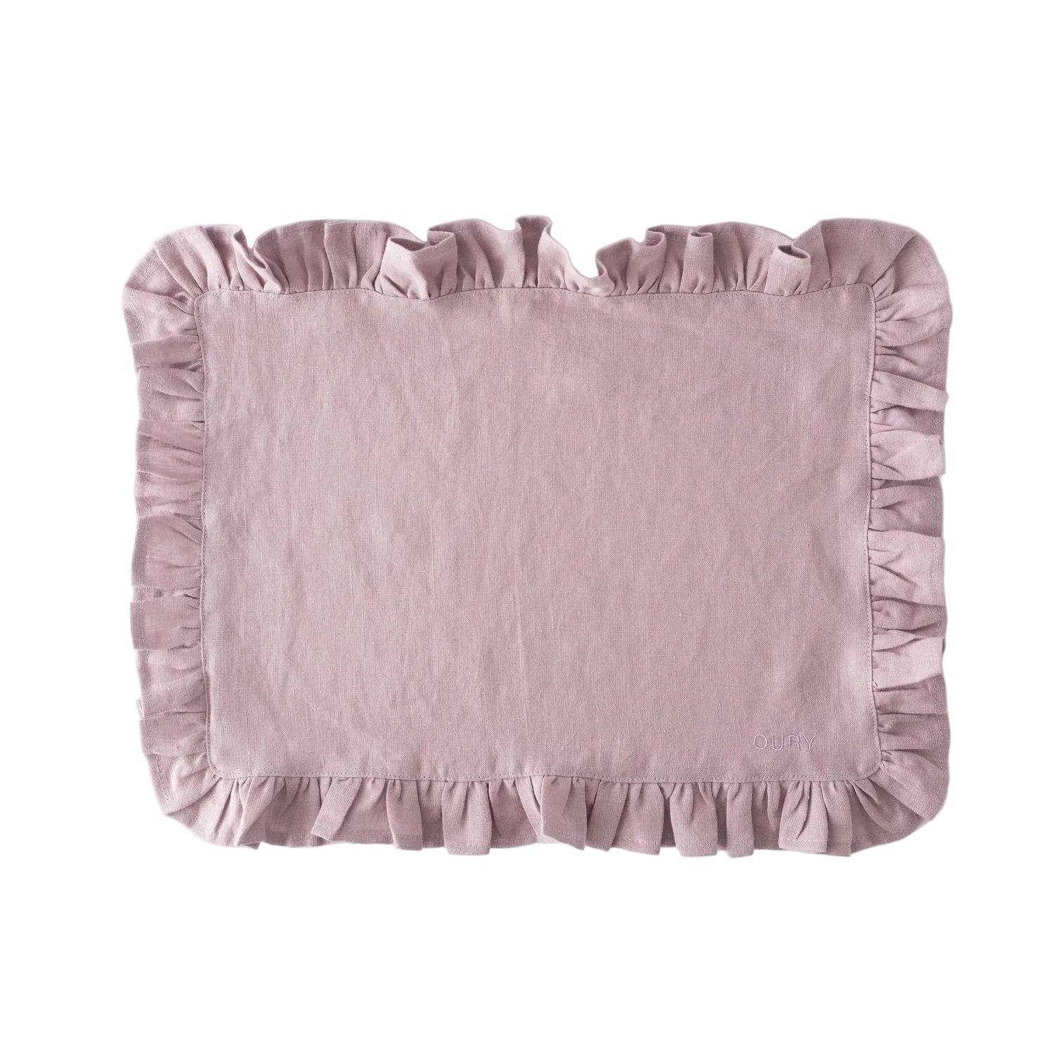 Pink Ruffled Linen Placemats with Embroidery – Set of 2