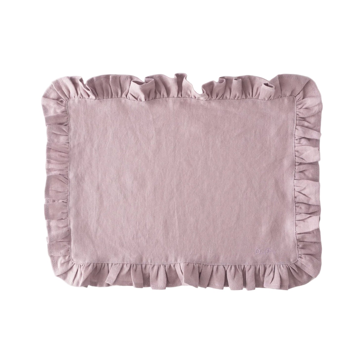 Pink Ruffled Linen Placemats with Embroidery – Set of 2