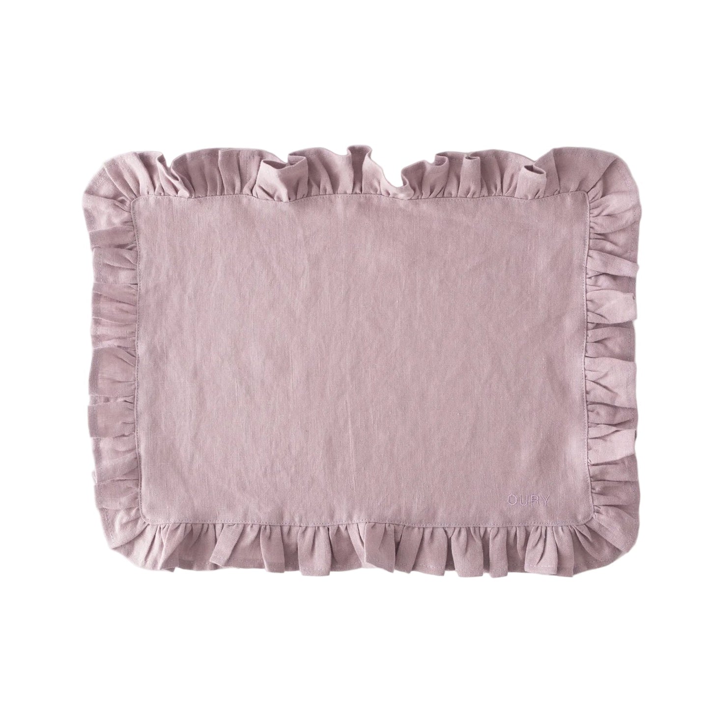 Pink Ruffled Linen Placemats with Embroidery – Set of 2