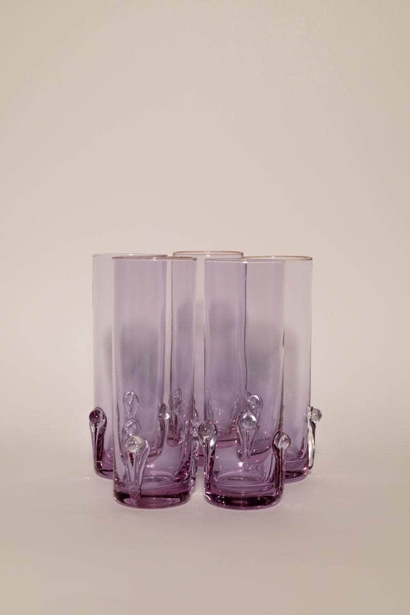 Rare Set of 5 Tall Alexandrite Glasses With Sculptural Pattern