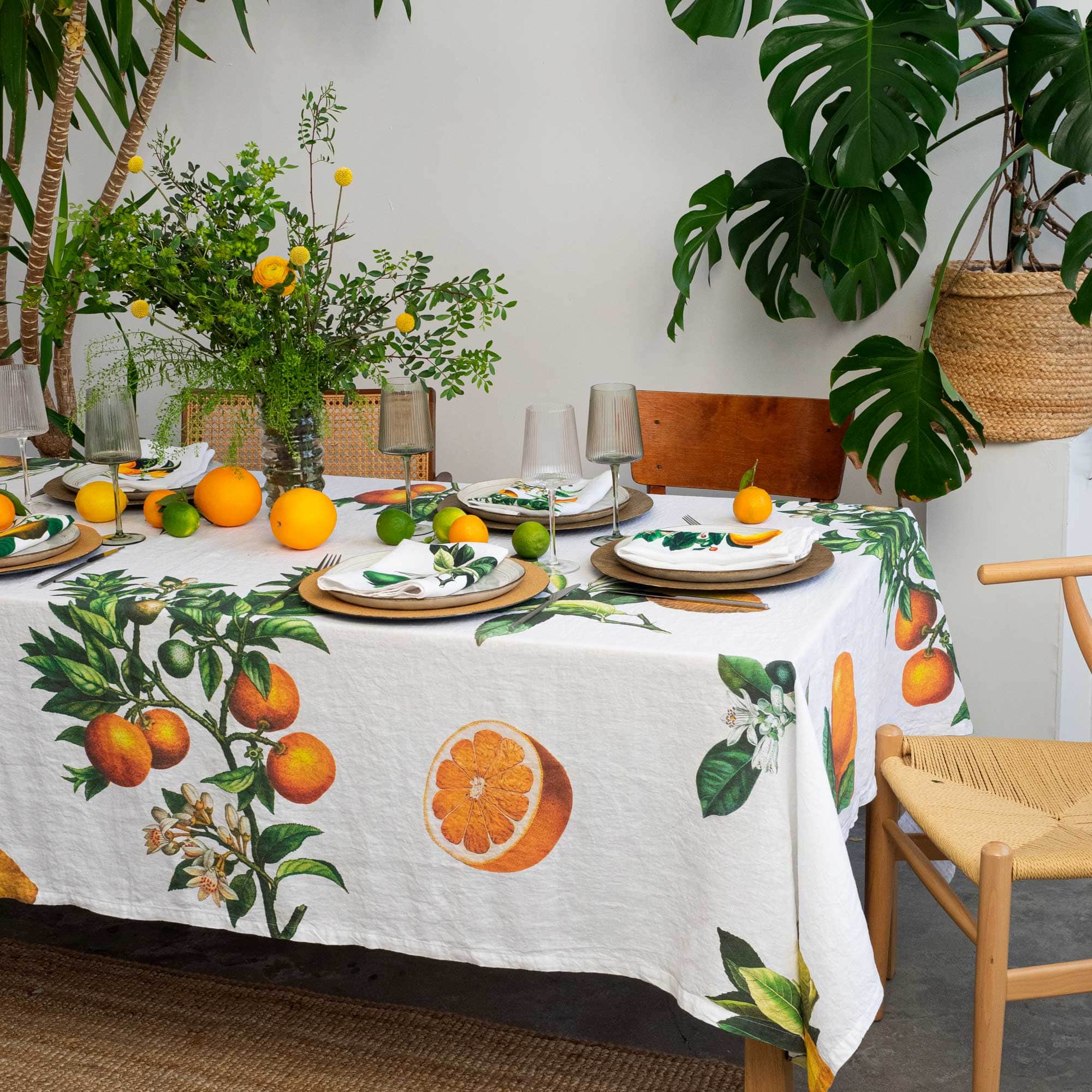 Linen tablecloth CITRUSES White