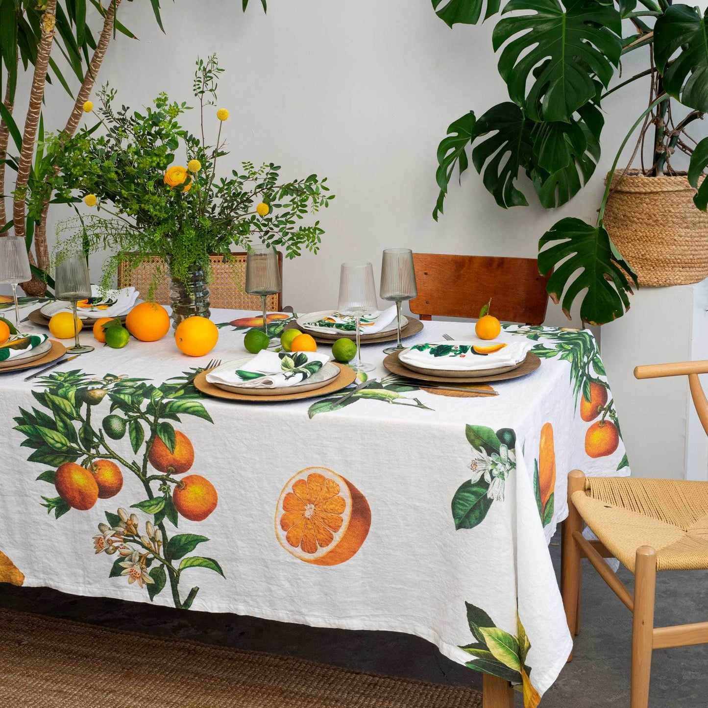 Linen tablecloth CITRUSES White