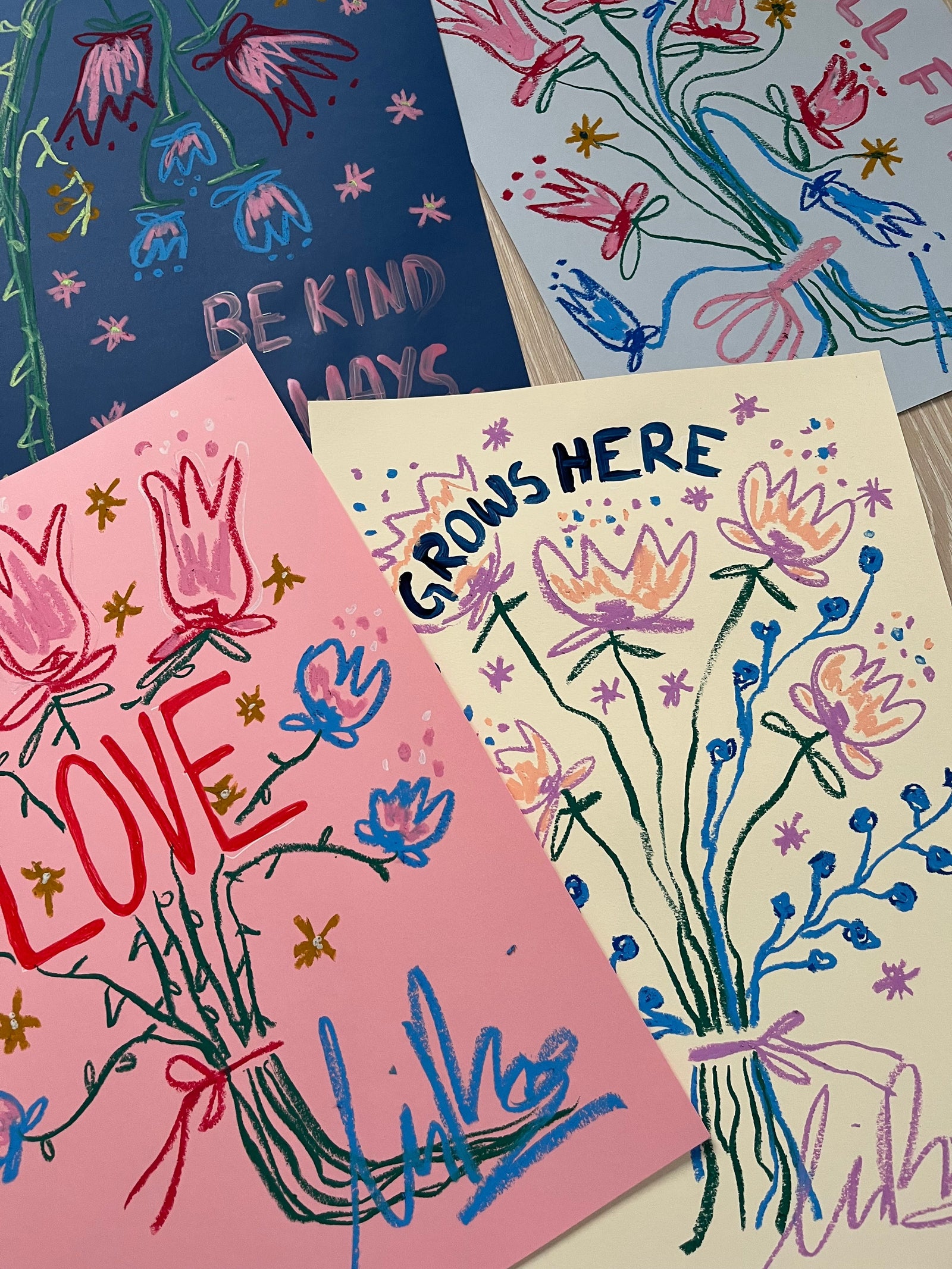 LOVE Pink and Blue Drooping Florals I Original Painting A3