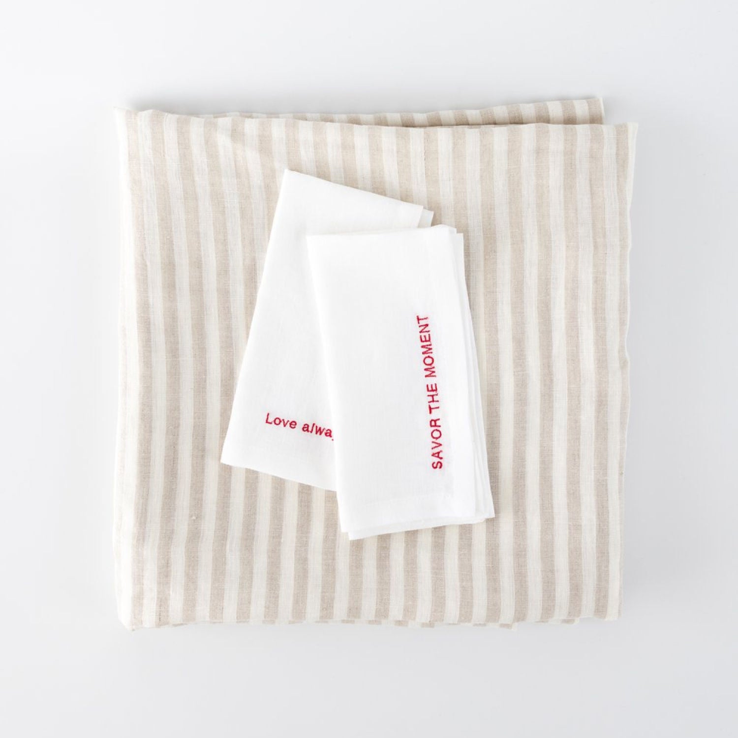 Embroidered Linen Napkins – “Savor the Moment” & “Love Always” Edition