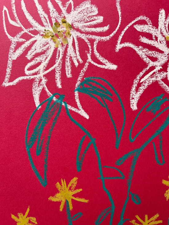 Pink Floral on Red Background | Original Painting A3