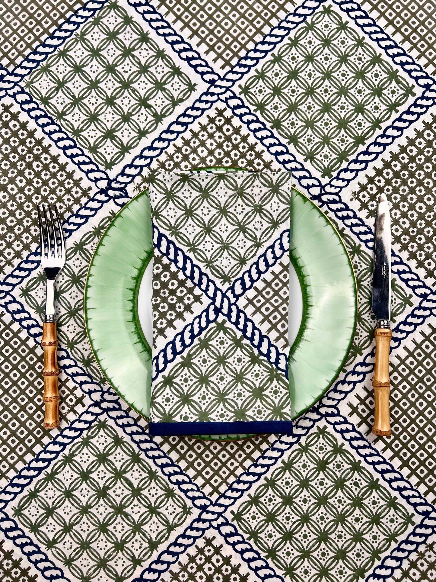 ’The Trellis’ Tablecloth - Blue, Sage & Taupe