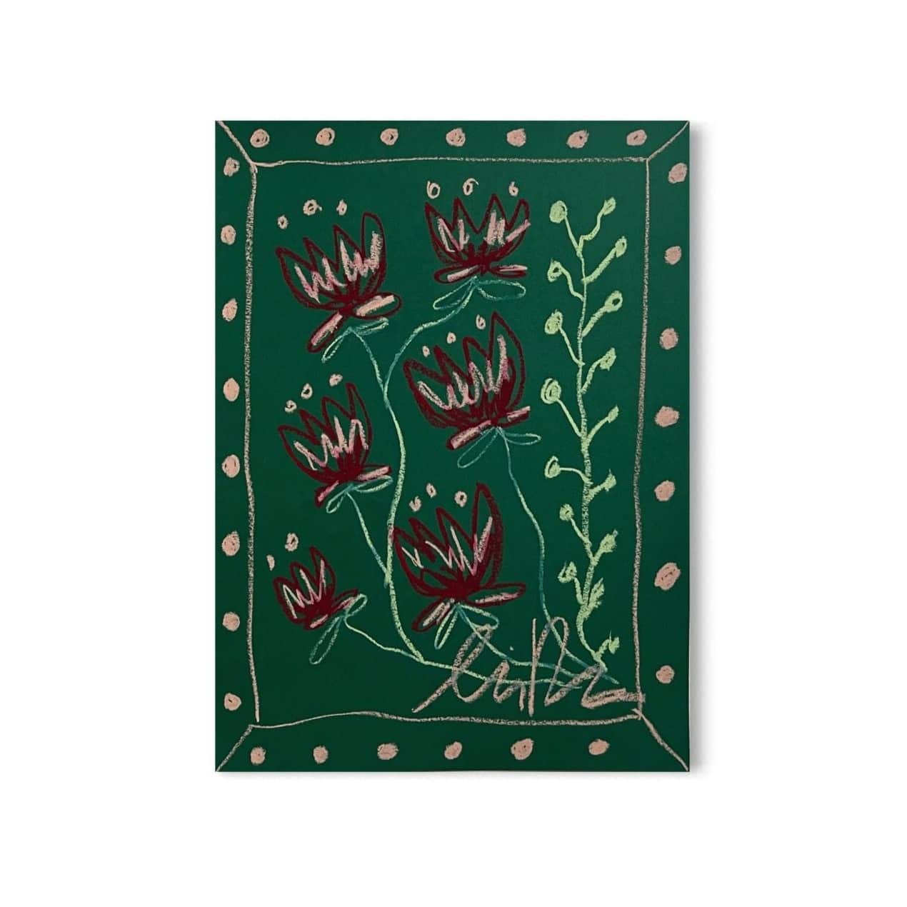 Dk Red Floral on Green Background | Original Painting A3