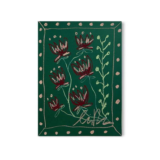 Dk Red Floral on Green Background | Original Painting A3