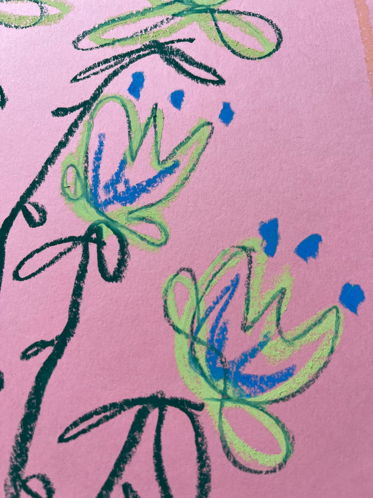 Blue & Green Floral on Pink Background | Original Painting A3