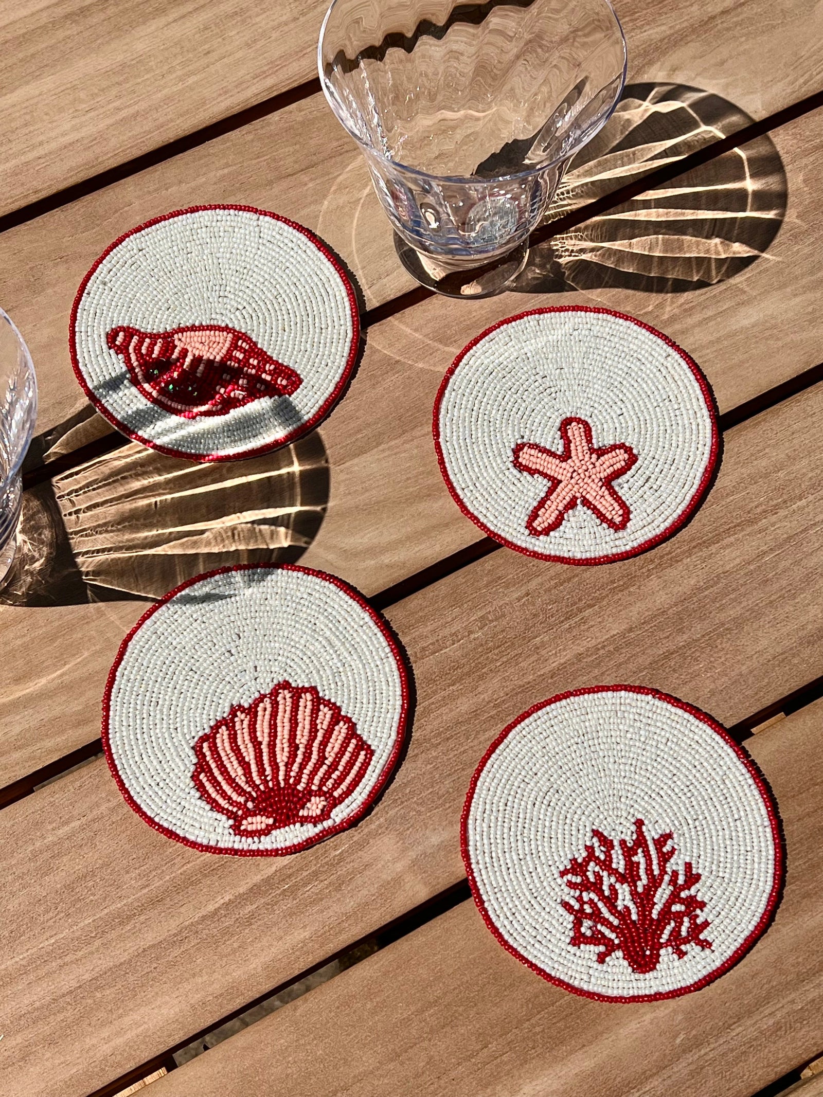 ’Coral Reef’ Round Beaded Coasters - Ivory & Coral (set of 4)