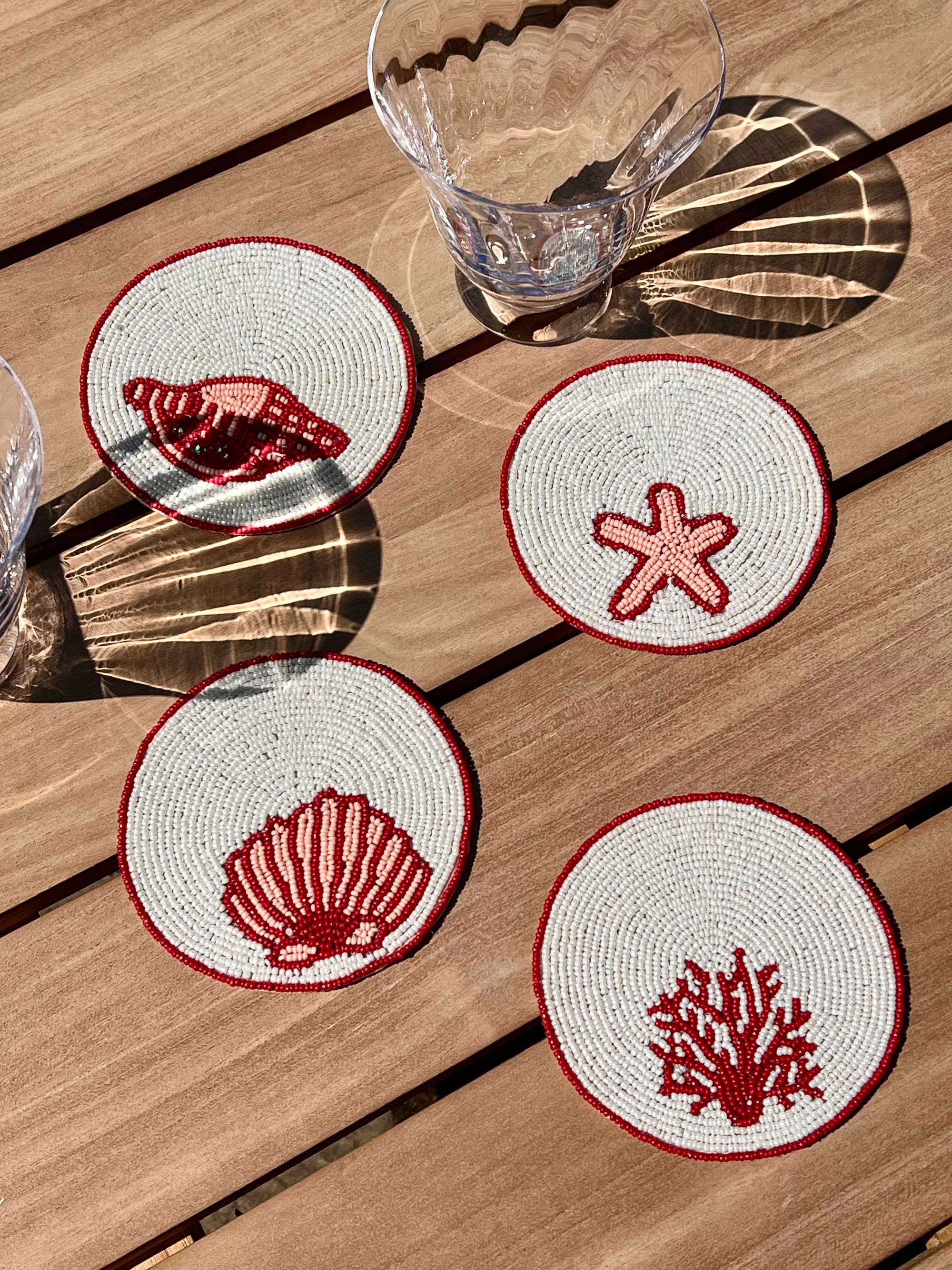 ’Coral Reef’ Round Beaded Coasters - Ivory & Coral (set of 4)