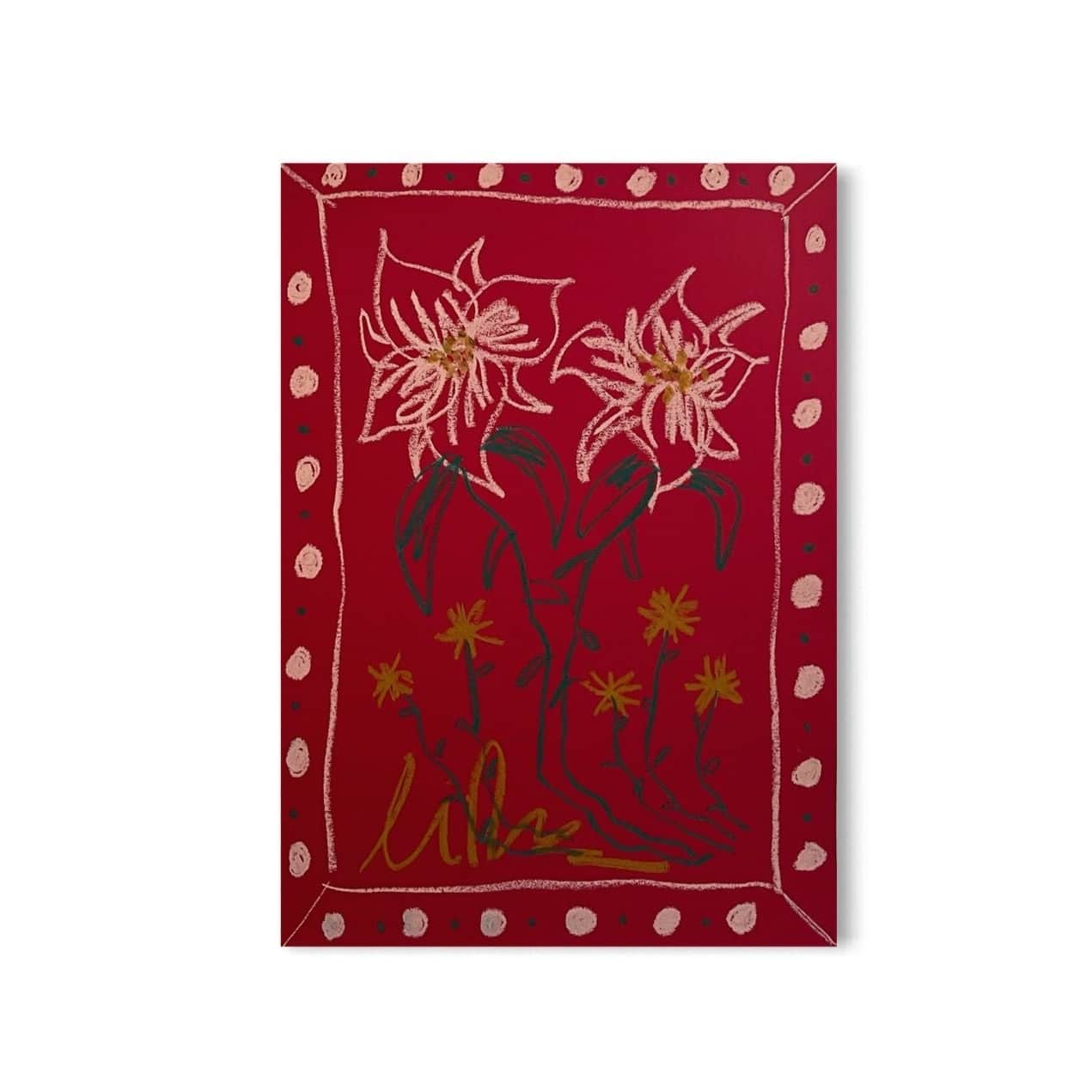 Pink Floral on Red Background | Original Painting A3