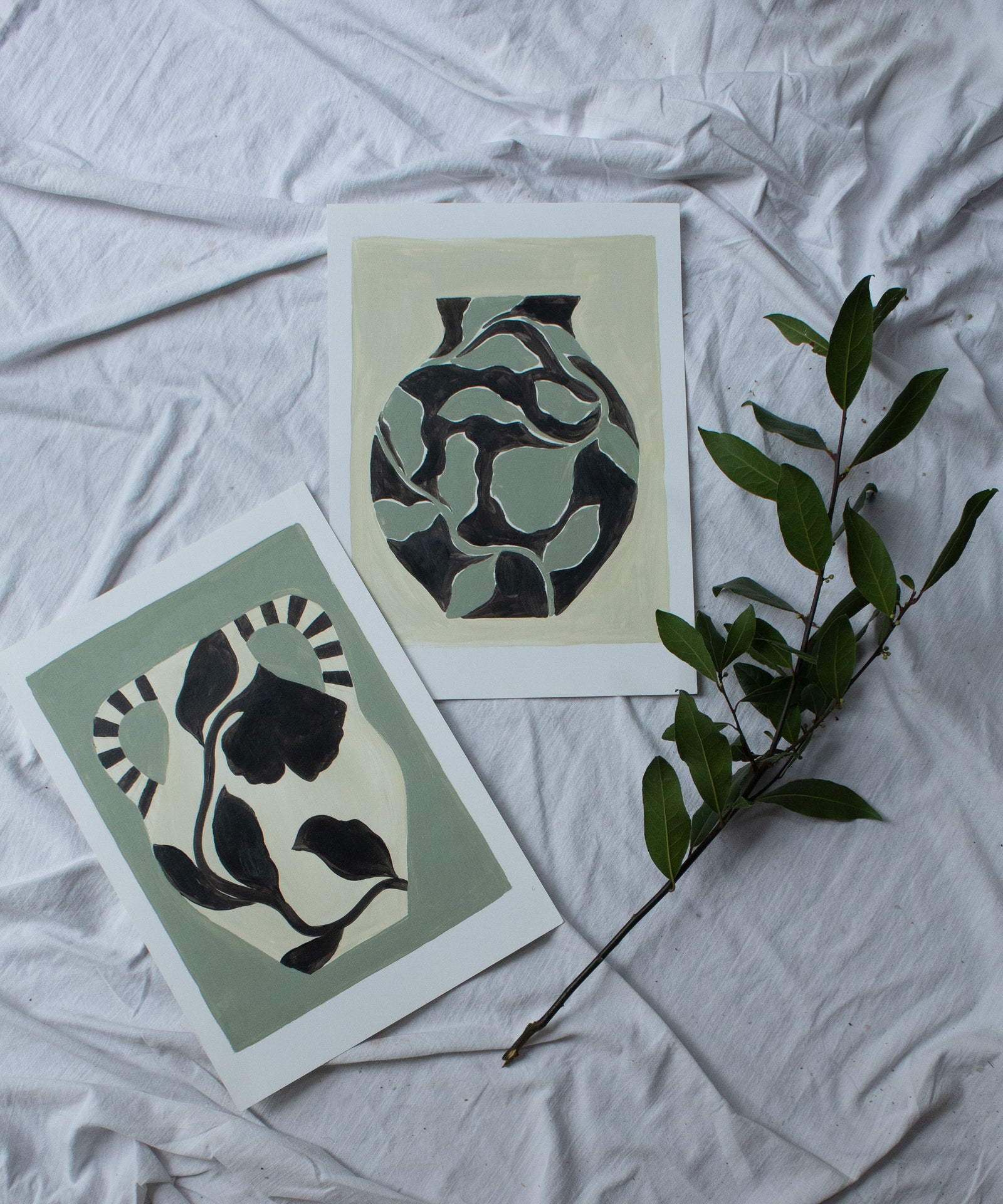 Black and Sage Patterned Vase- Original painting