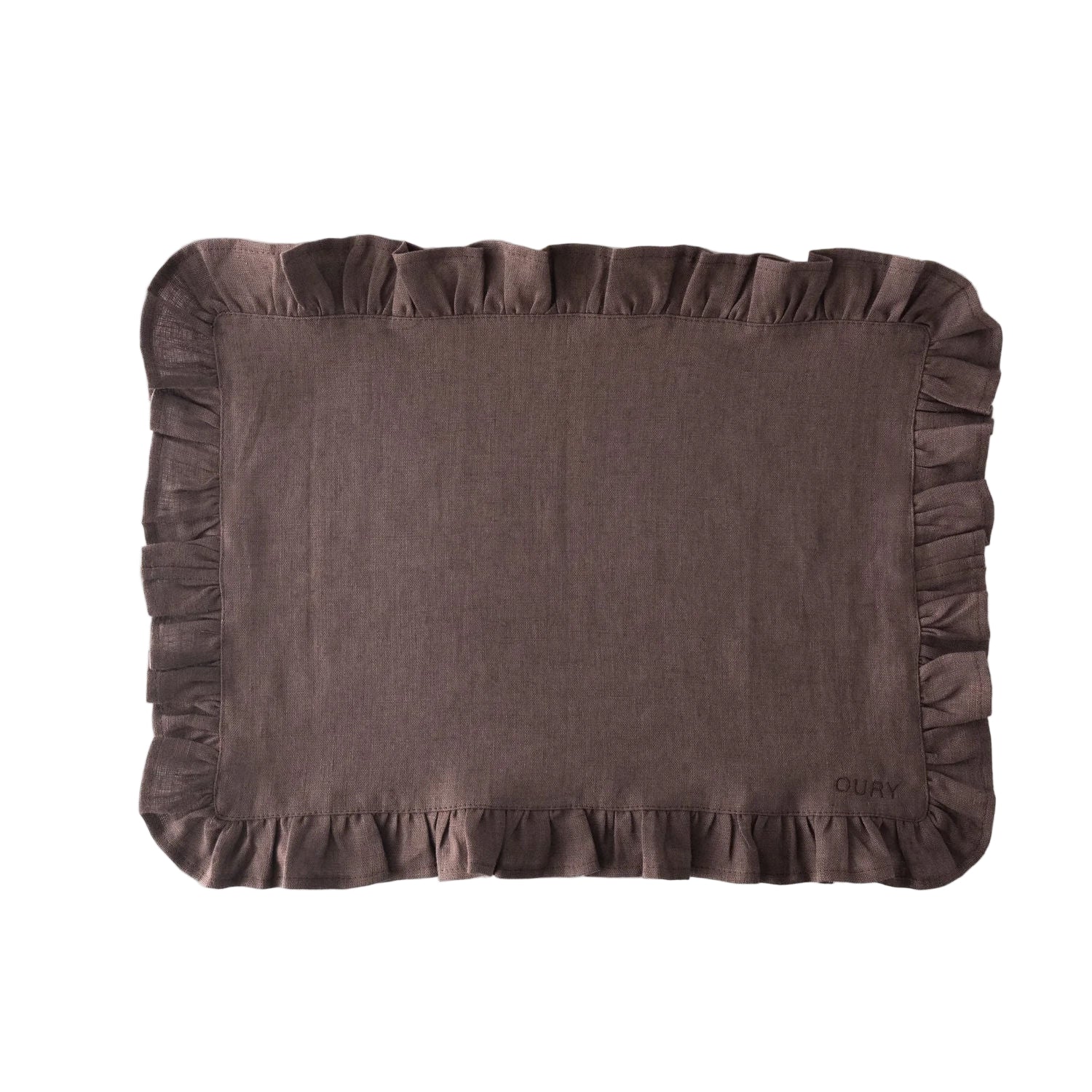 Brown Ruffled Linen Placemats with Embroidery – Set of 2