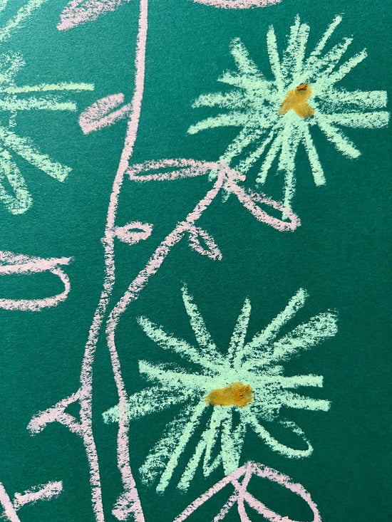 Lt Green & Pink Floral on Green Background | Original Painting A3