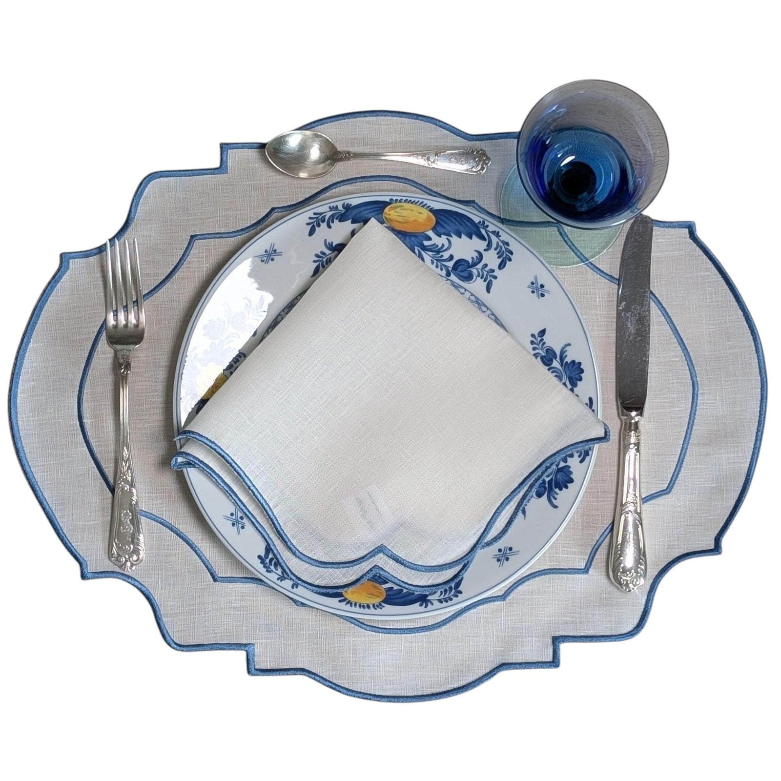 BARBADOS - Blue and White Double Piping Linen Placemat and Napkin Set